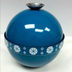 Vintage MCM CATHERINE HOLM  8”  lidded spherical blue enamelled fondue pot